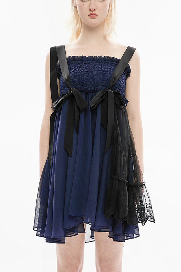 Blue Strap Big Bow Streamer Super Cool Stitching Lace Suspender Women's Gothic Dress