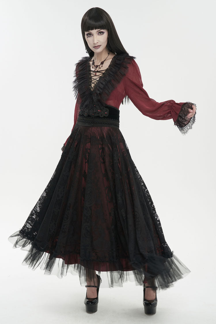 Red Thin Waist Plaid Stitching Layered Lace Long Sleeves Women's Gothic Shirt