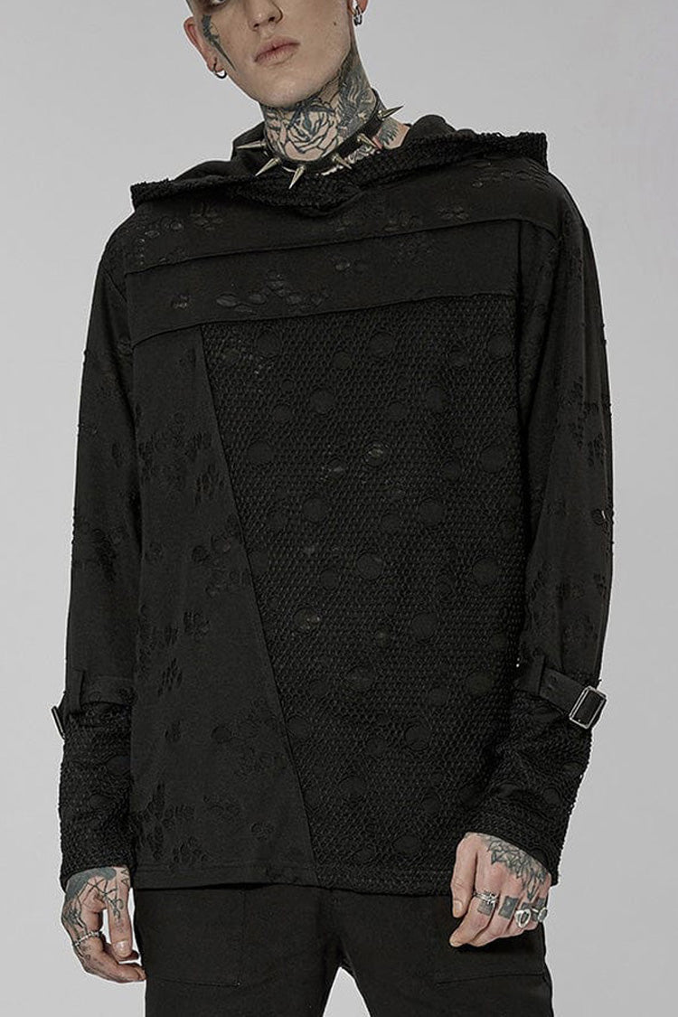 Black Punk Ripped Knit Mesh Surface Splicing Detachable Ring Sleeve Webbing Hooded Men's T-Shirt