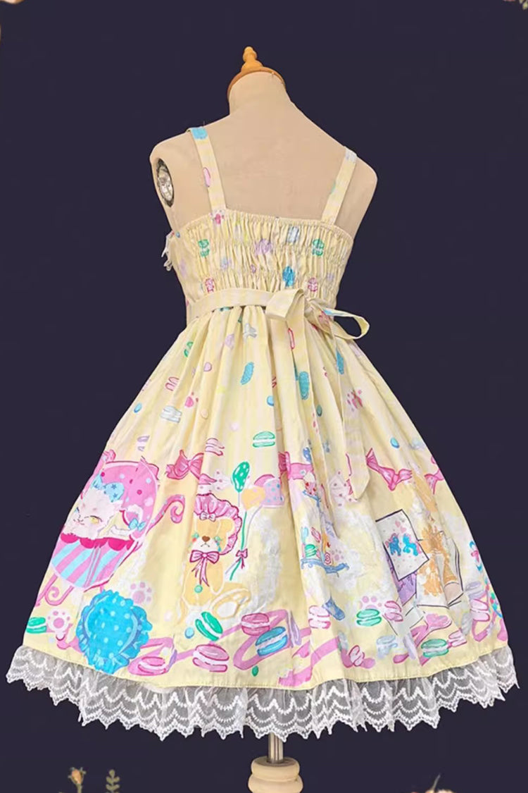 [Macaron Dolly House] Robe Jsk Lolita douce sans manches avec imprimé, nœud et lacets 3 couleurs 