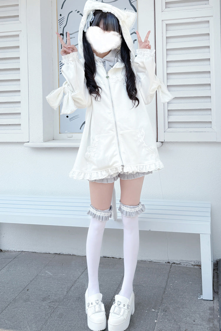 White Long Sleeves Cat Ears and Tail  Ruffle Bowknot Hooded Gothic Jirai Kei Coat