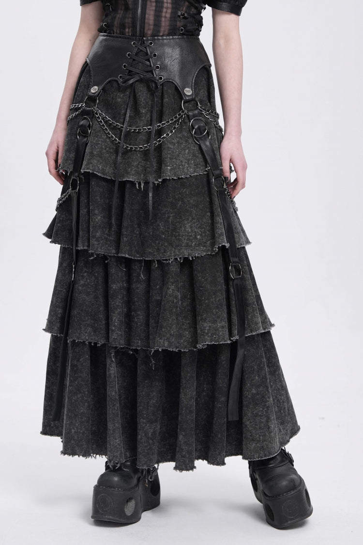 Black Multi-Layered Lace-Up Chain Women's Punk Skirt
