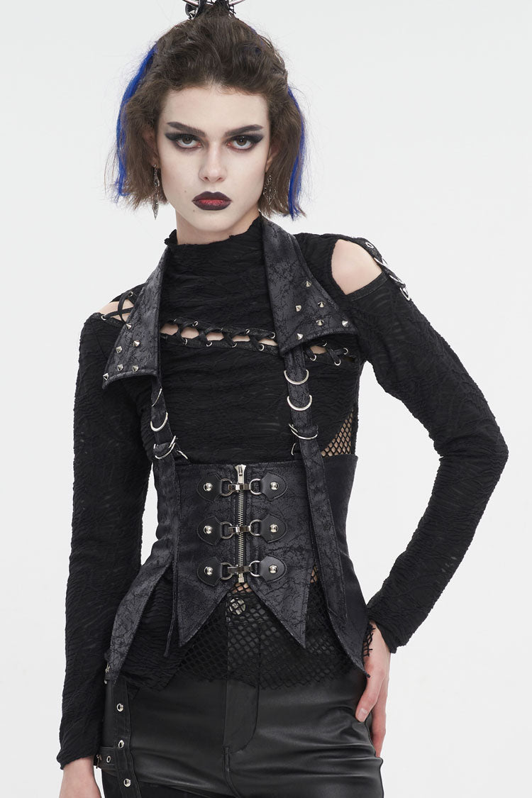 Black Irregular Lace Up Women's Gothic Vest With Detachable Collar