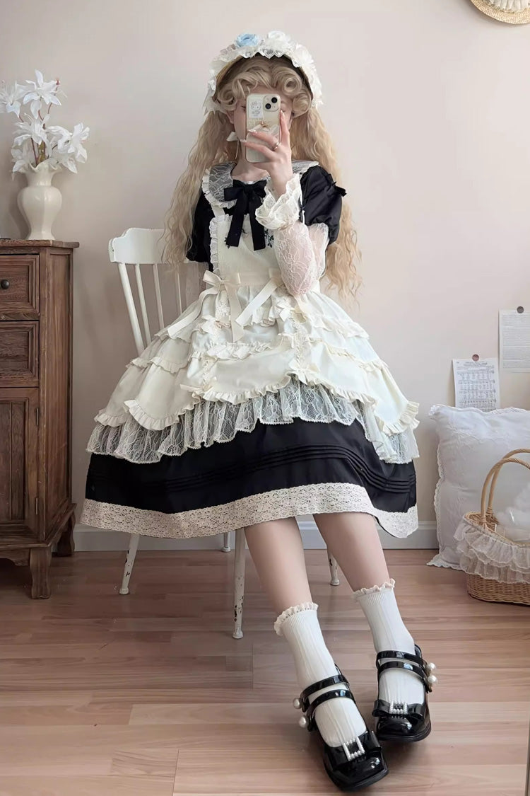 Black [Mist over Flowers Along the Path] Lapel Collar Long Sleeves Embroidery Bowknot Lace Sweet Lolita Dress