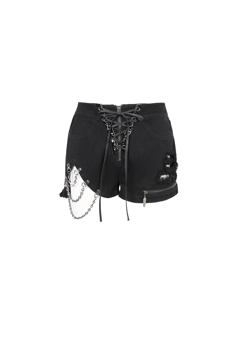 Black Asymmetric Metal Chain Ripped Zip Denim Women's Punk Shorts