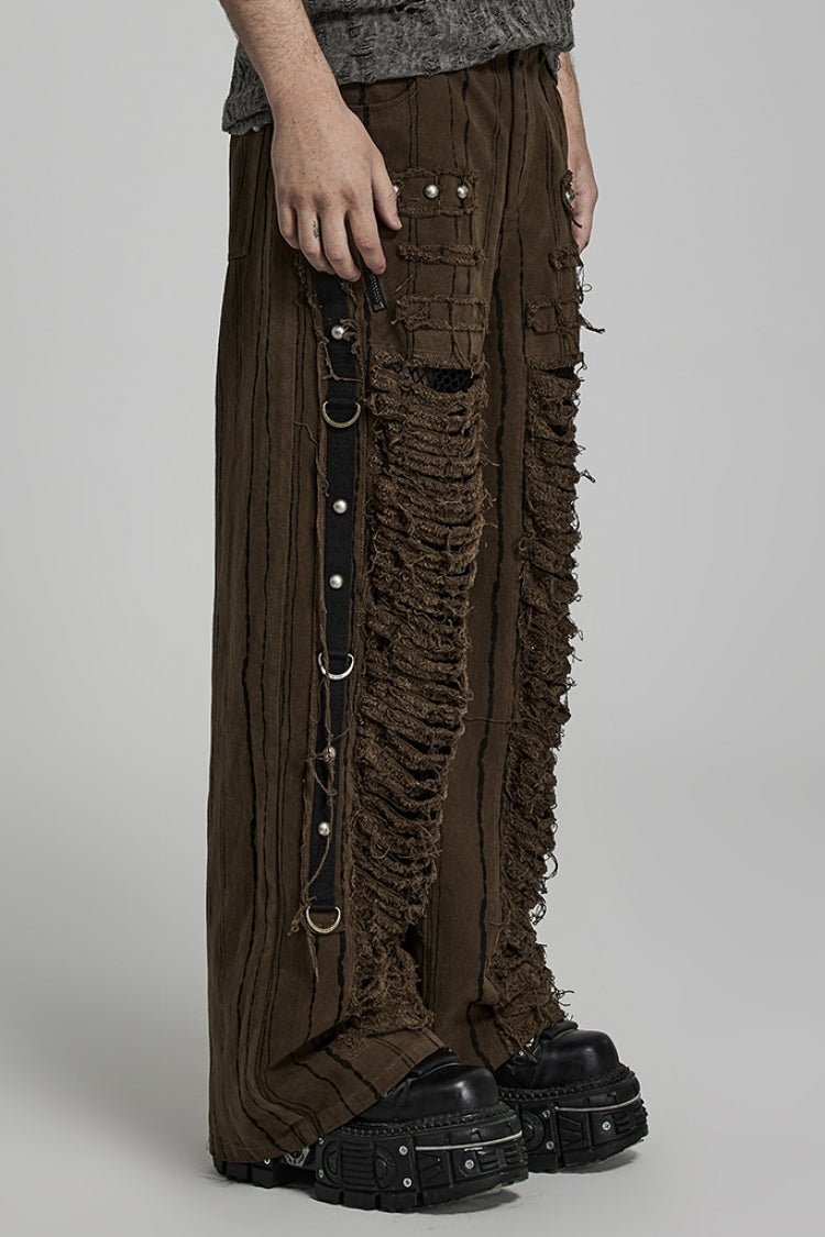 Metal Rivet Decoration Stitching Mesh Ripped Men's Steampunk Straight Pants 2 Colors