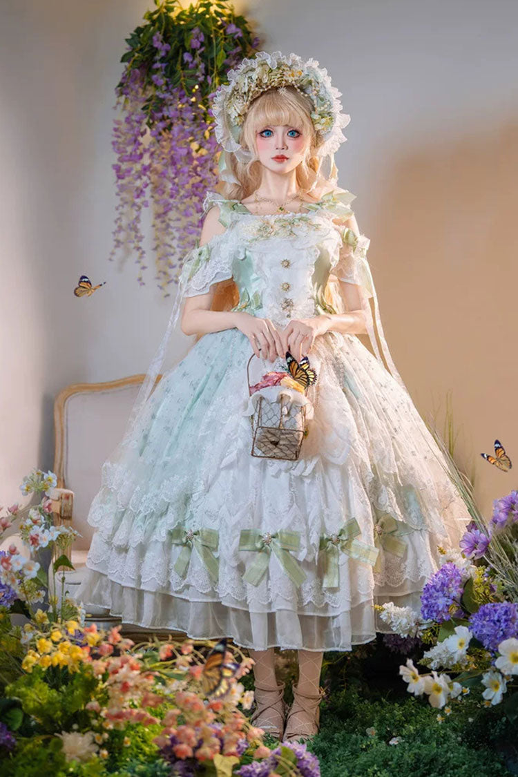 Vert clair [Illusion glacée] Épaules dénudées Dos nu Sans manches Multicouche Imprimé Style de mariage Brodé Ouvert sur le devant Noeud en dentelle Détail de perles Robe Lolita douce