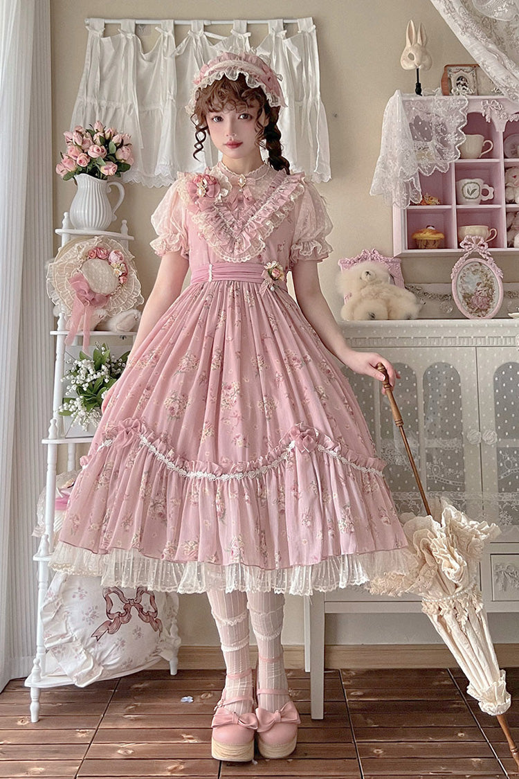 [Daydream Rose] Kurzärmliges Kleid mit Blumen-Jacquard-Print, Rüschenstickerei, Schleifenknoten, Sweet Lolita, in 3 Farben 