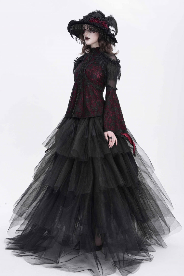 Red Stand Collar Long Trumpet Sleeves Embroidery Stitching Lace Women's Gothic Blouse