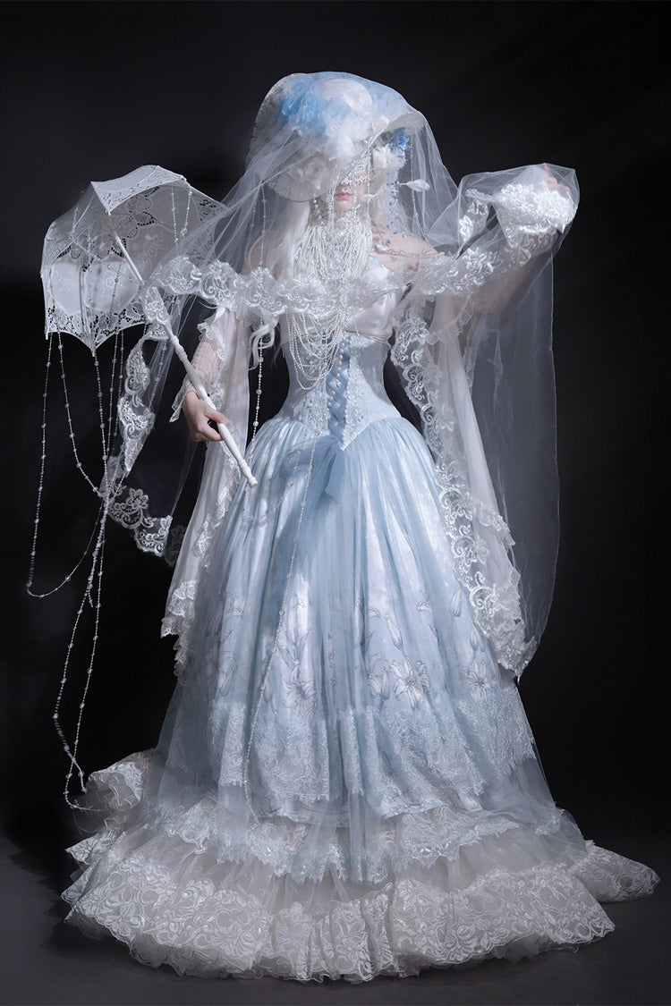 Blue [Snow Lily] Print Ruffle Hanayome Embroidery Bowknot Lace-Up Sweet Elegant Princess Lolita Skirt Set
