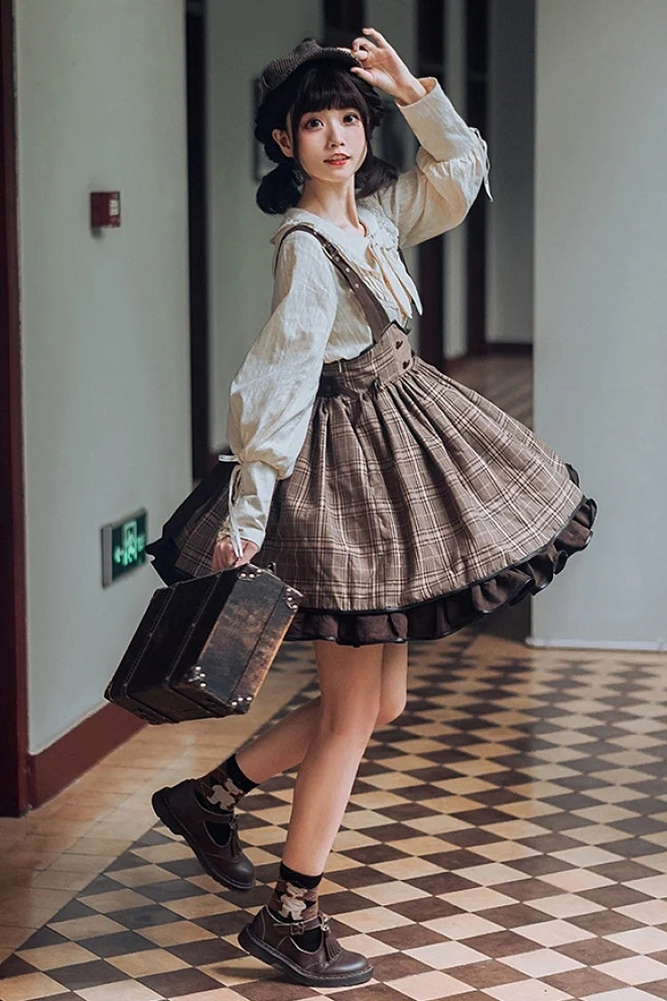 Brown Sherlock Detective Ruffle Color Matching Gothic Lolita Strap Skirt