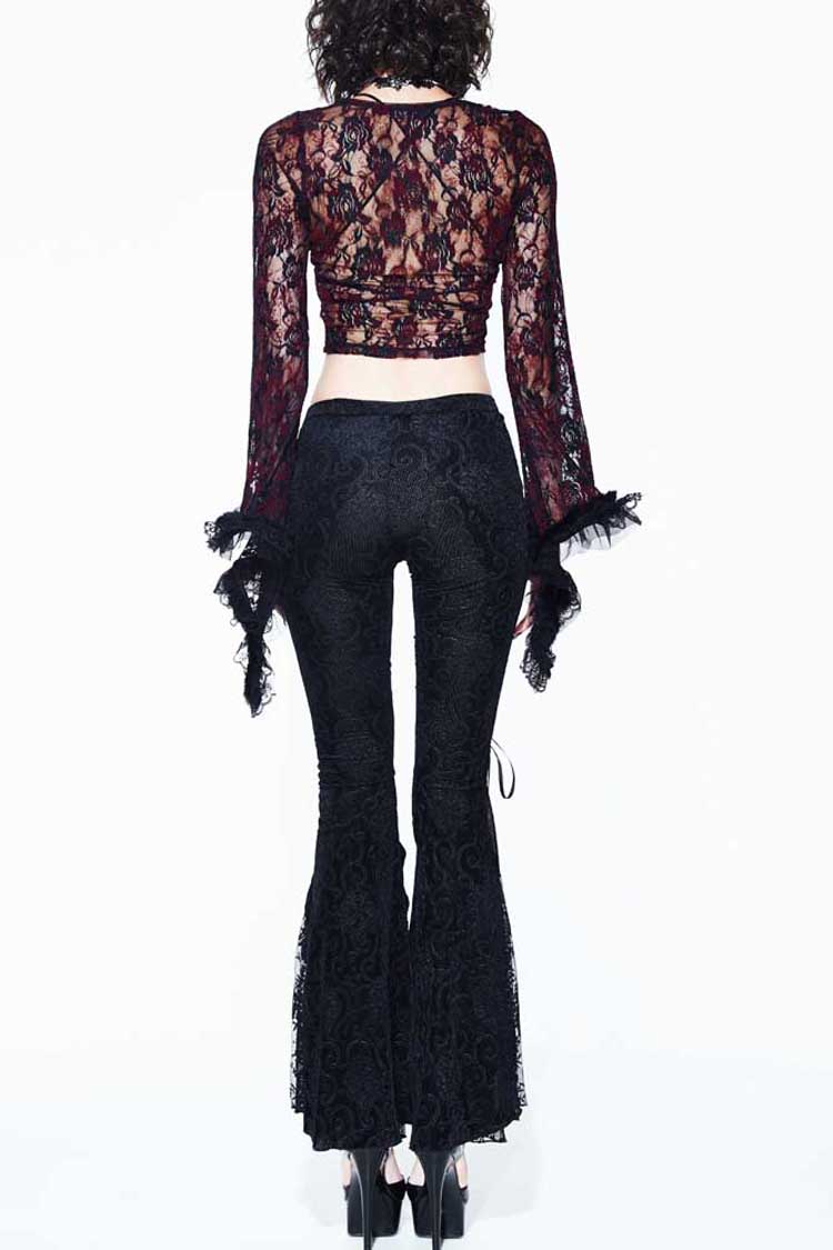 Black Palace Pattern Lace-Up Velveteen Lace Flared Women's Gothic Pants