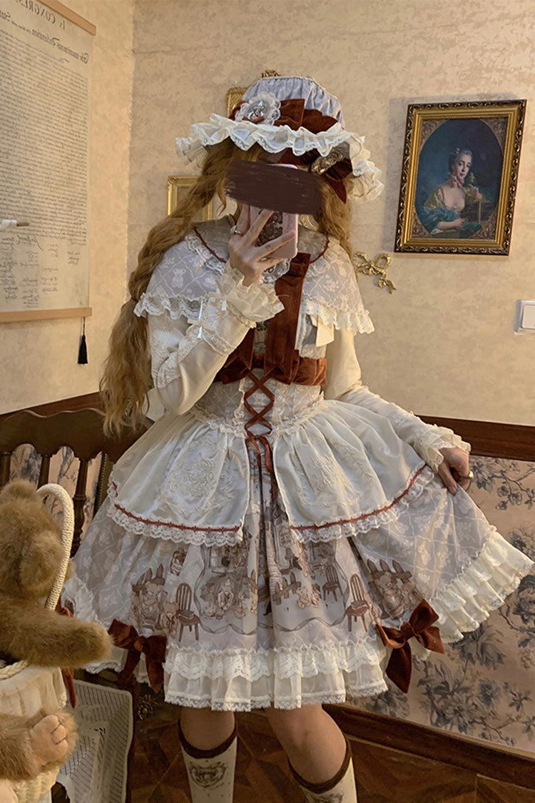 [Castle Bear] Sleeveless Print Ruffle Bowknot Lace Sweet Lolita Jsk Dress 4 Colors