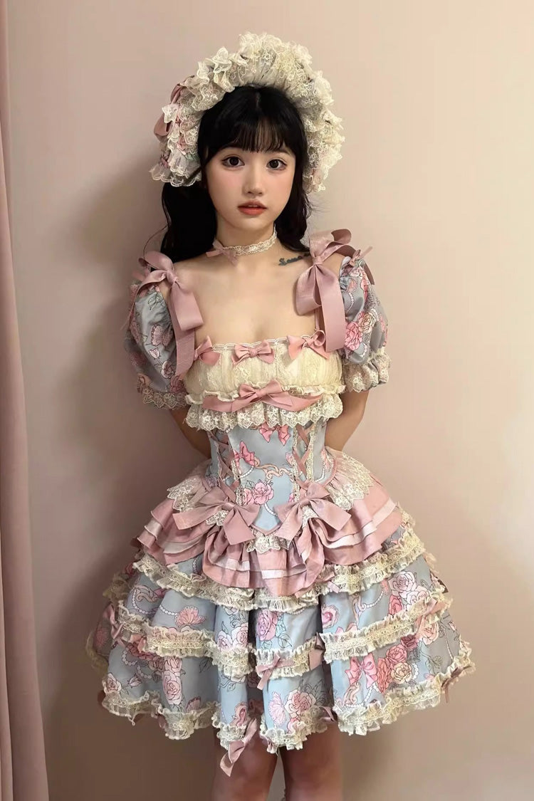 Blue/Pink [Gem Rose] Multi-Layered Ruffle Bowknot Lace Sweet Princess Lolita Skirt 2 Versions