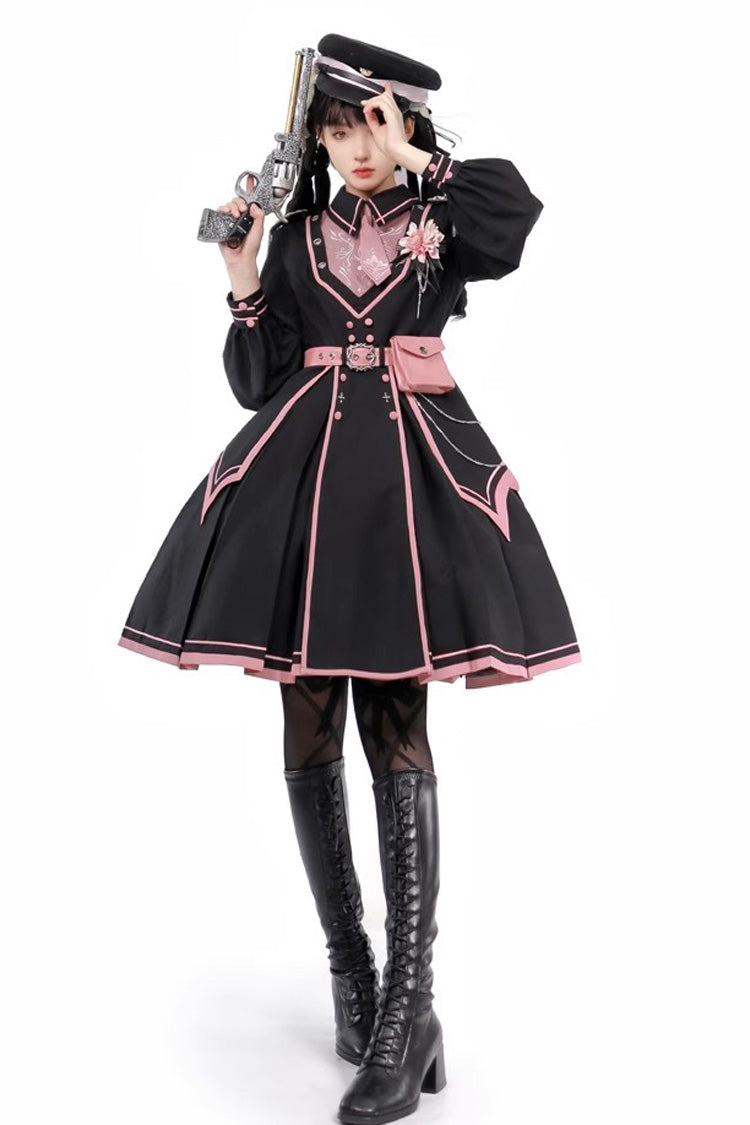 Black/Pink Long Sleeves Ruffle Gothic Military Elegant Princess Lolita Dress