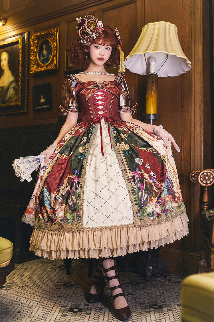 Red [Kaleidoscope of Dreams] Double-Layered Print Embroidery Bowknot Lace-Up Classic Vintage Gorgeous Lolita Dress