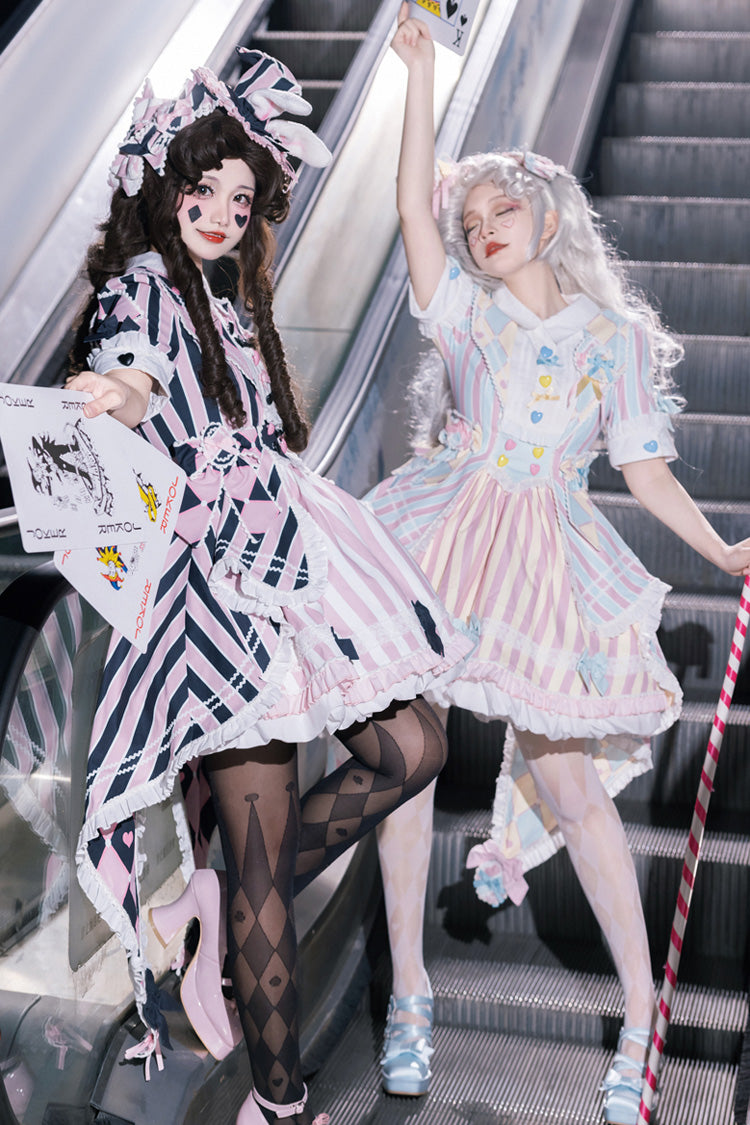 Black/Pink Short Sleeves Weird Theater Print Ruffle Bowknot Sweet Lolita Dress