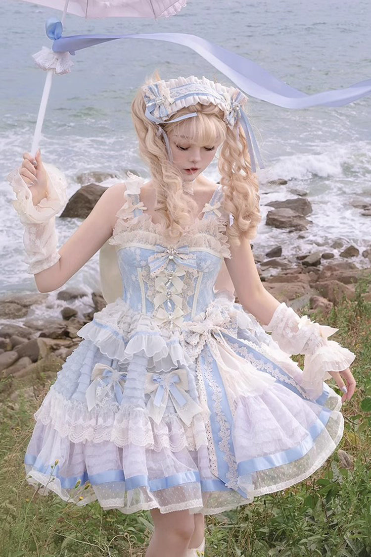 Blue [Moonstone] Sleeveless Ruffle Embroidery Bowknot Lace Fishbone Sweet Princess Lolita Dress