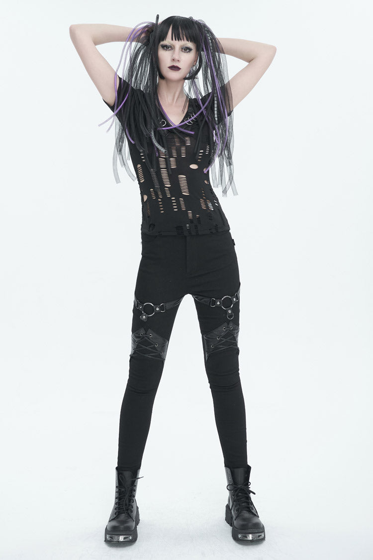 Black Slightly Elastic Twill Pu Tie Rope Decoration Women's Punk Trousers