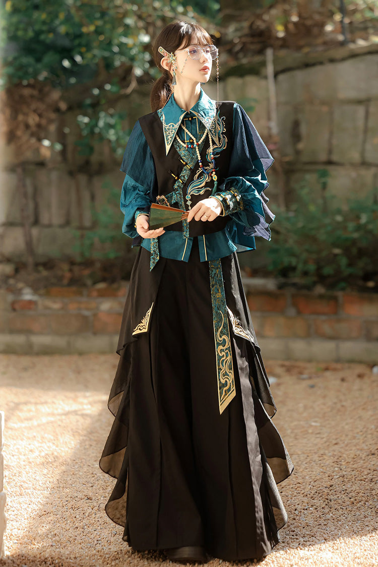 Schwarz/Grün Rundhals Langarm Rüschen Stickerei Chinesischer Stil Vintage Hübsches Ouji Lolita Set 