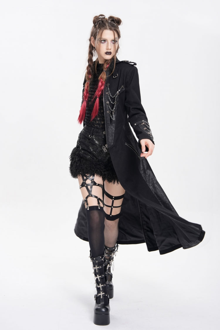 Black Stand Collar Long Sleeves Buckle Chain Women's Punk Jacket