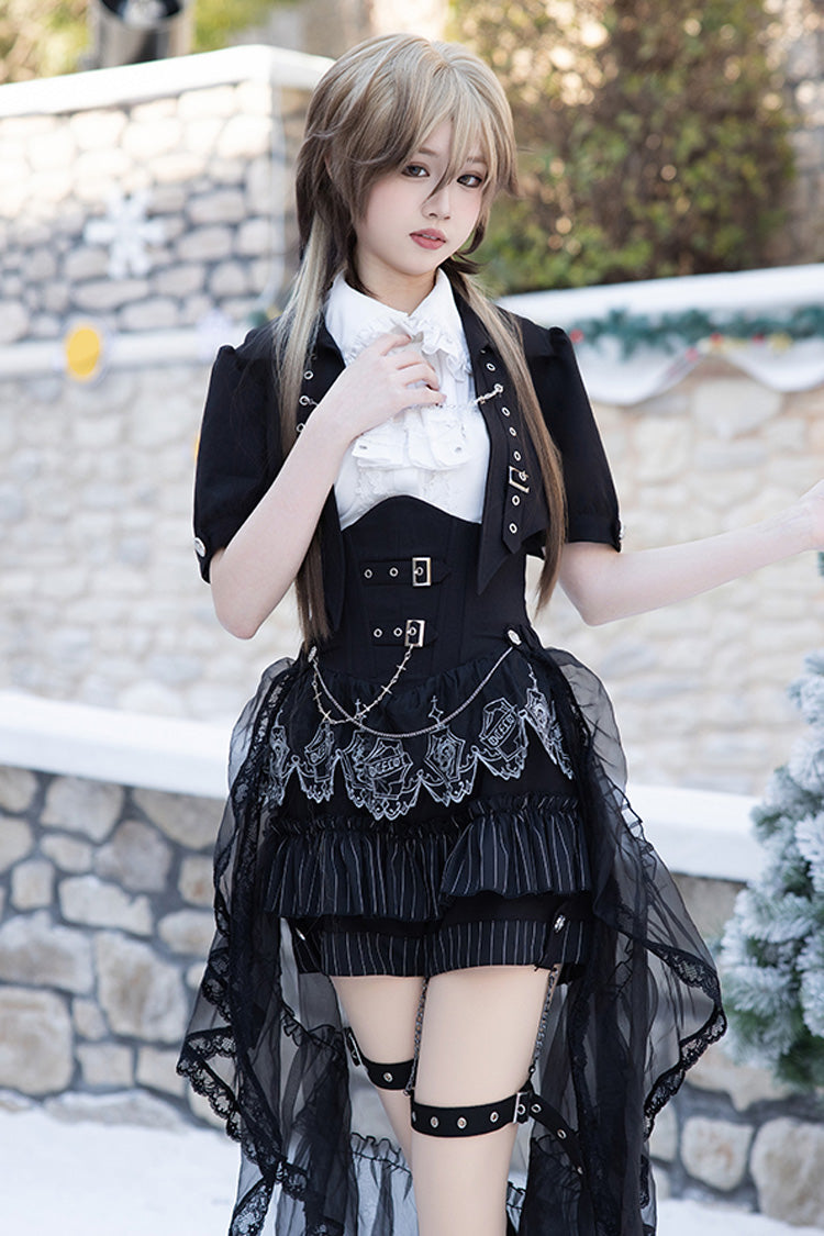 Black Lapel Collar Short Sleeves Lace Prince Ouji Lolita Three-piece Set