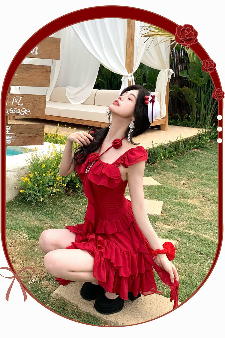 Red [Summer Seaside] Short Sleeves Triple-Layered Ruffle Bowknot Irregular Holiday Style Sweet Lolita Dress