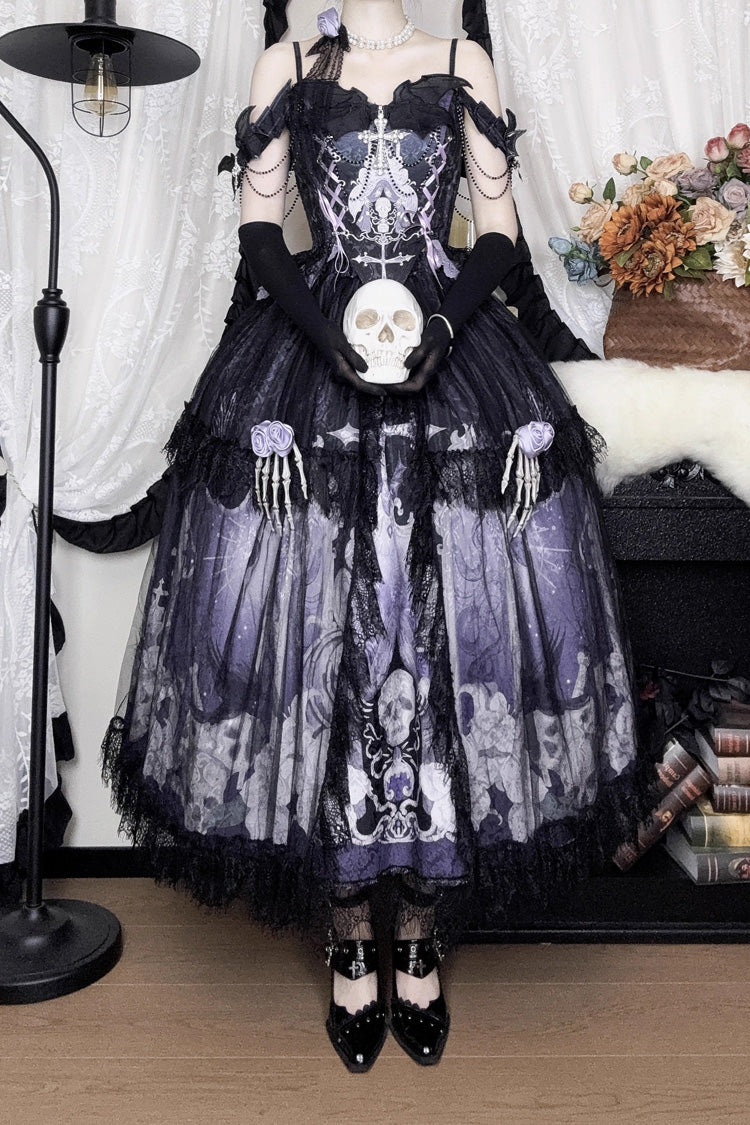 Black/Blue [Skull Magic] Print Ruffle Bowknot Gothic Elegant Lolita Skirt Two-Piece Set