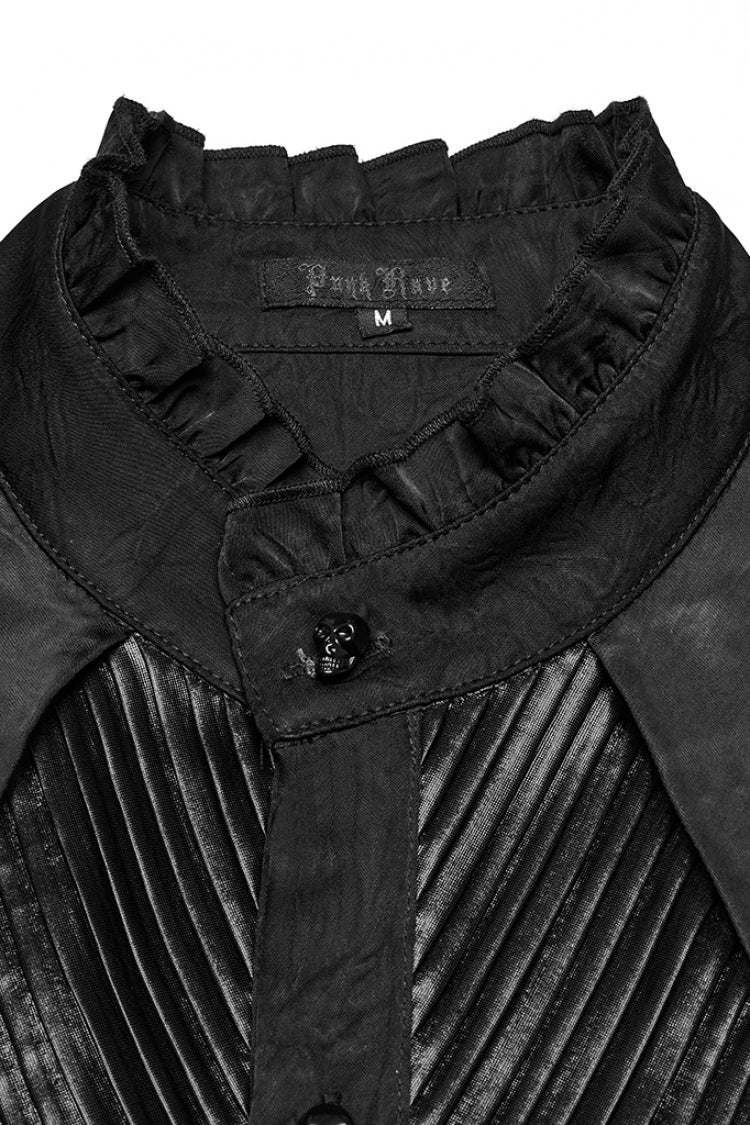 Schwarze Stehkragen Langarm Rüschen Plissee Herren Gothic Bluse 
