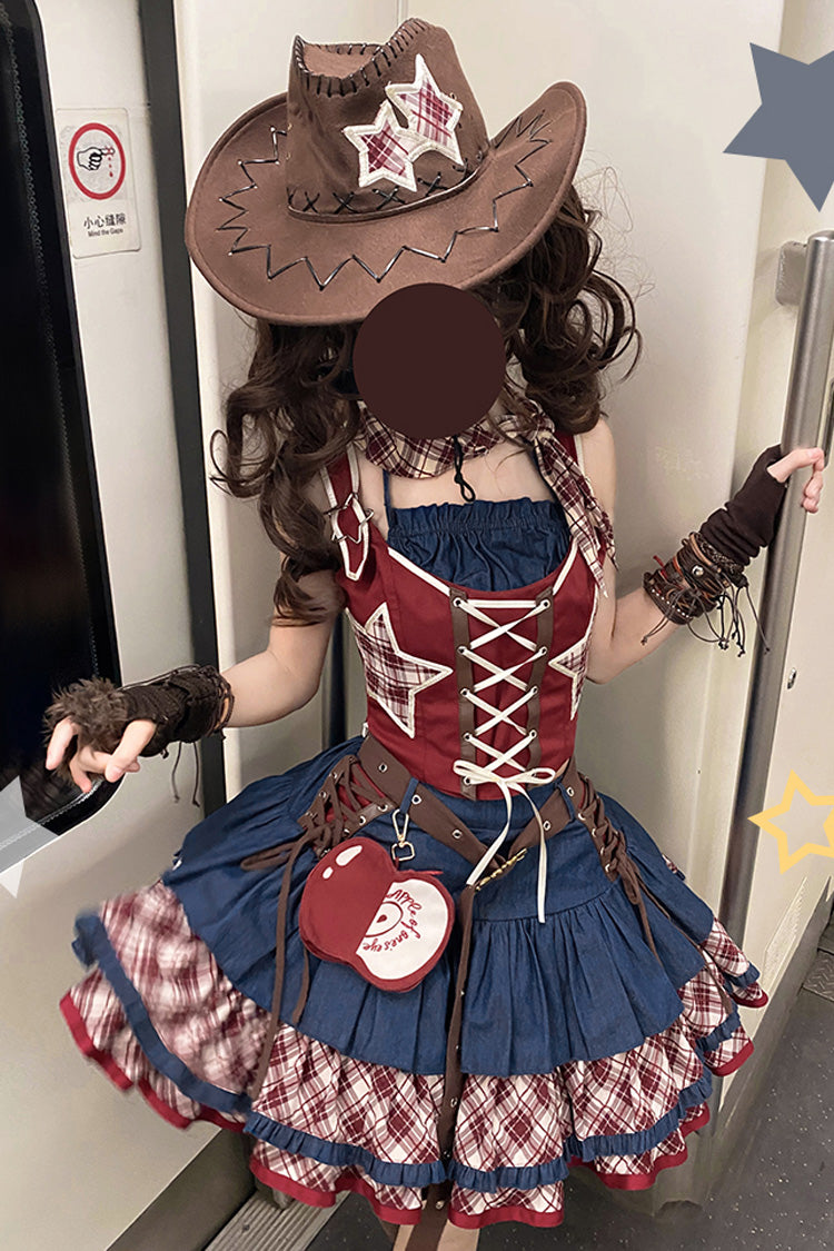 Red/Blue [Apple Trap] Triple-Layered Print Ruffle Lace-Up Sweet Lolita Jsk Dress Two-piece Set