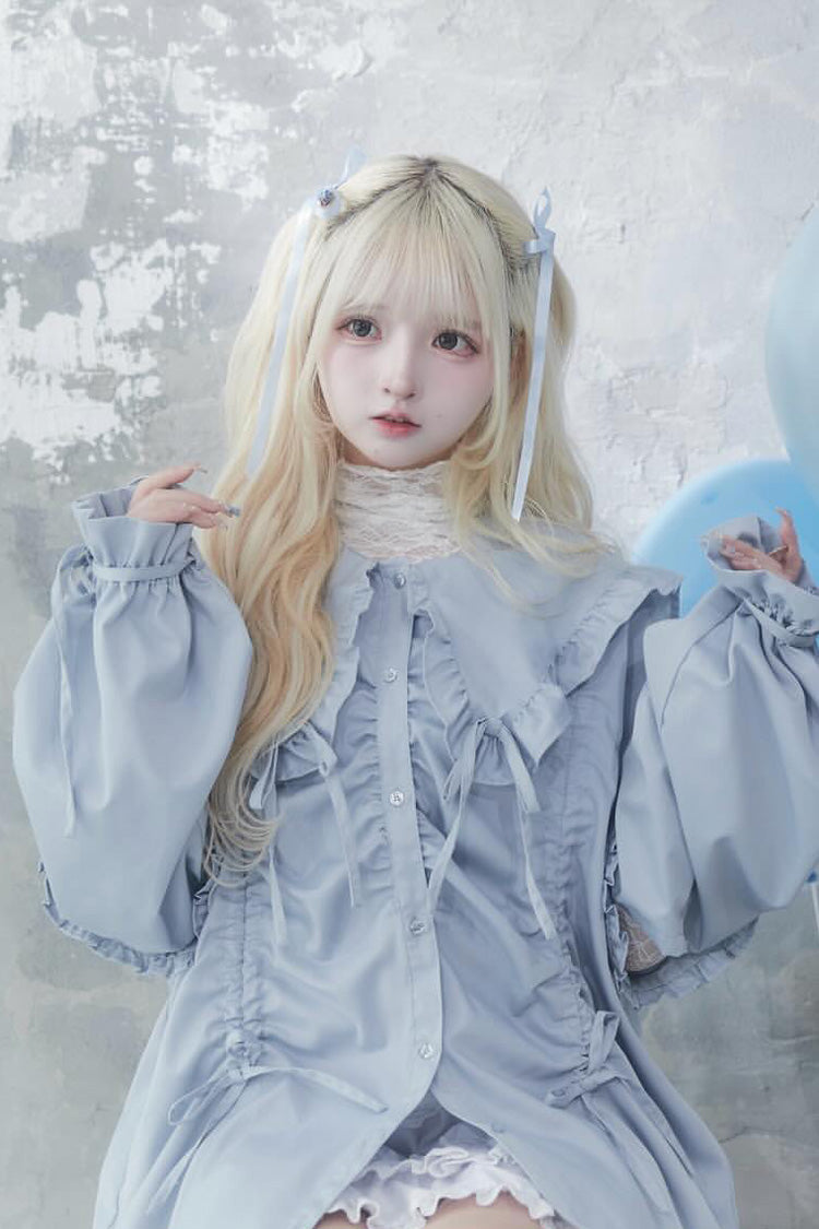 Doll Collar Long Sleeves Ruffle Bowknot Sweet Jirai Kei Japanese Blouse 3 Colors