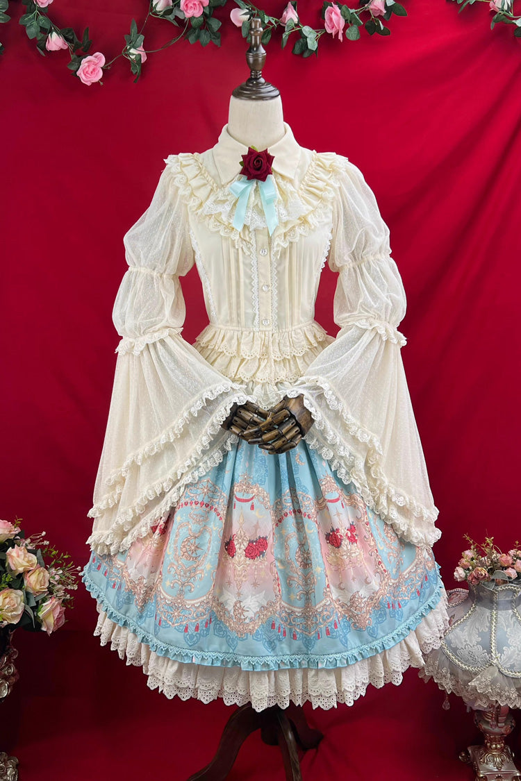 Blue [Moonlit Garden Secret] Print Ruffle Embroidery Lace Sweet Elegant Palace Lolita Skirt