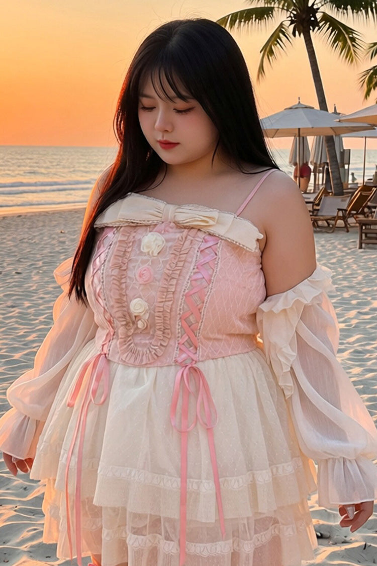 Robe Lolita Jsk Rose Sans Manches Double Couche À Volants À Lacets Et Douce Grande Taille