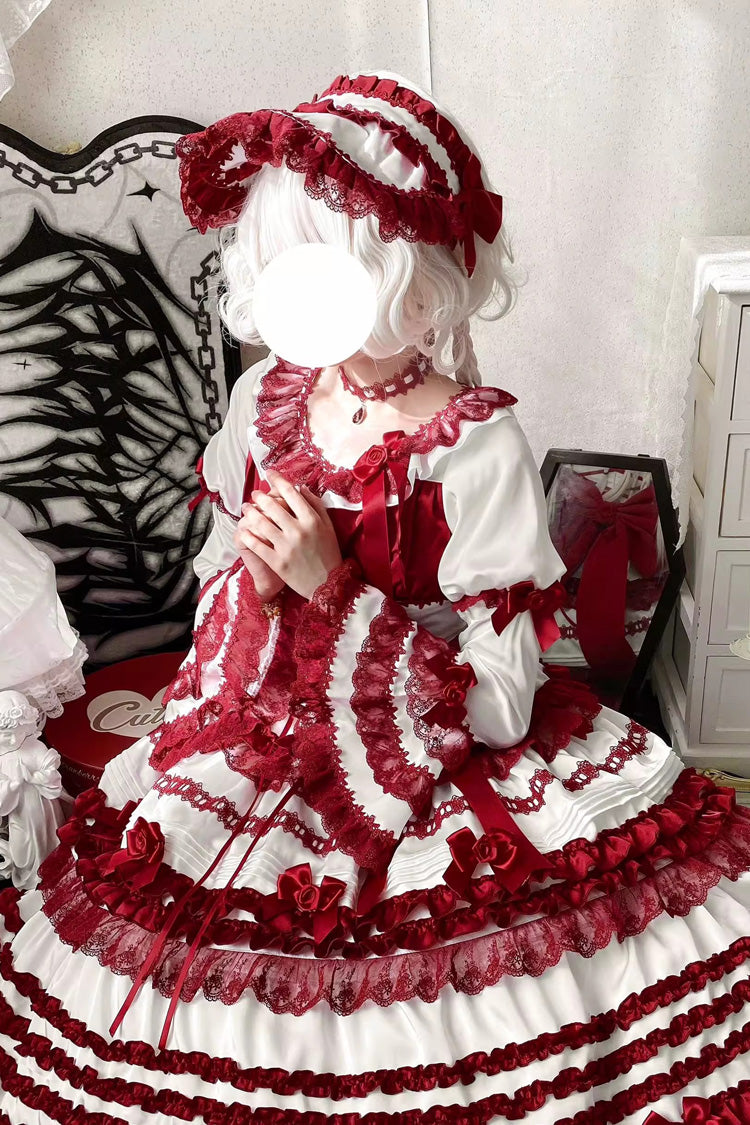 Blanc/Rouge [Velours Rouge Superposé] Manches Courtes Volants Nœud Papillon Dentelle Robe Sweet Lolita 