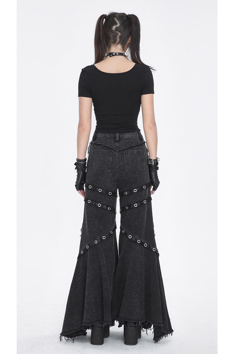 Black Mesh Eyelets Ruffled Flared Womens Punk Pants