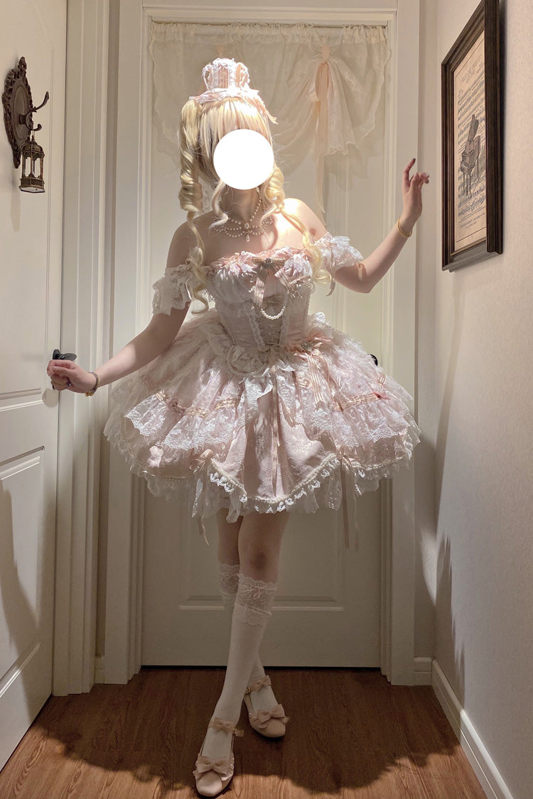 Robe rose [Anna's Ball] col carré à volants Hanayome avec nœud en dentelle douce princesse Ballet Lolita Jsk
