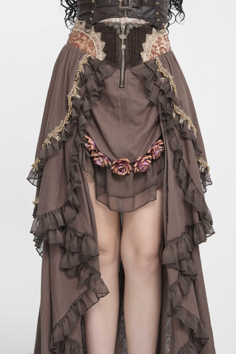 Brauner, gekräuselter, plissierter Damen-Gothic-Vintage-Rose-Rock mit unregelmäßigem Saum und Schnürung