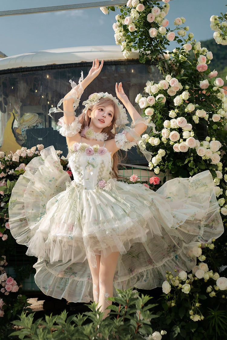Green [Spring Rose] Sleeveless Multi-Layered Bowknot Lace-Up Fishbone Sweet Lolita Jsk Dress