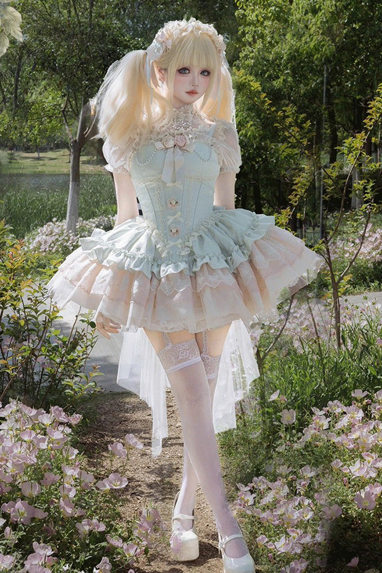 Green [Fleeting Light and Shallow Dream] Sleeveless Multi-Layered Ruffle Bowknot Lace Slim Sweet Ballet Lolita Jsk Dress