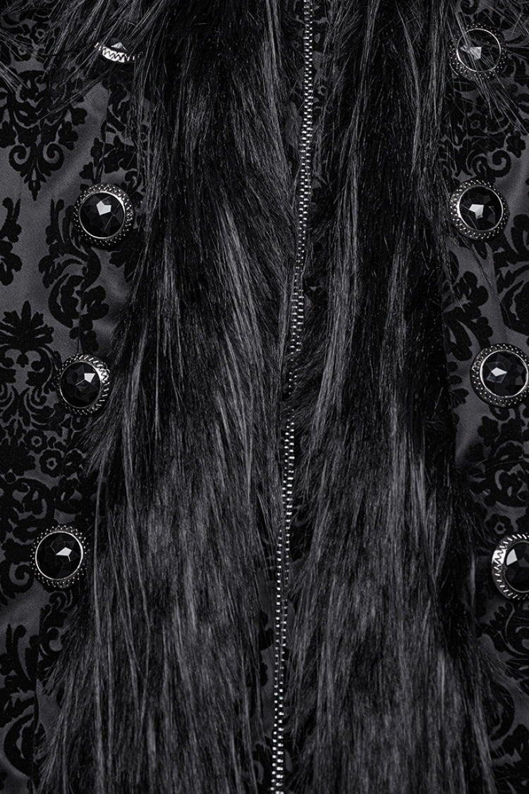Black Stand Collar Long Sleeves Jacquard Print Stitching Hooded Women's Gothic Coat