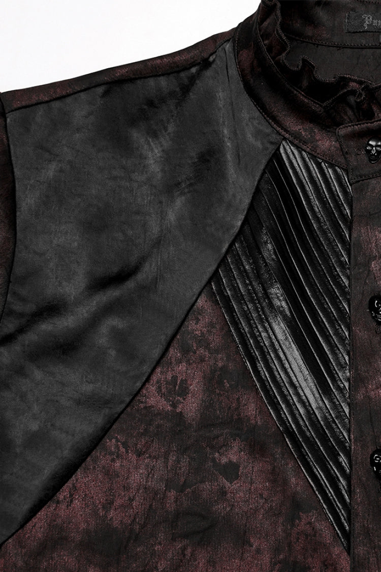 Schwarz/Rot Stehkragen Langarm Rüschen Falten Herren Gothic Bluse 