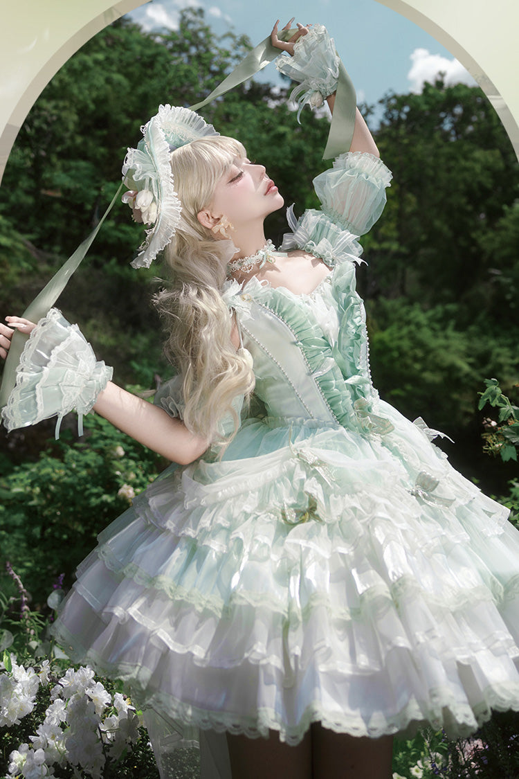 Green [Tulip and Wind Chime] Multi-Layered Ruffle Bowknot Lace Sweet Gorgeous Lolita Jsk Dress