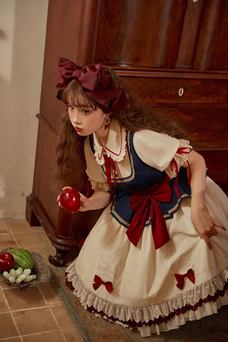 Multi-Color Snow White Lapel Collar Ruffle Short Sleeves Sweet Lolita Dress