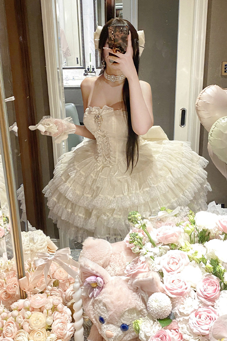 Beige [Heartbeat at First Sight] Off Shoulder Sleeveless Multi-Layered Ruffle Bowknot Lace Lace-Up Sweet Princess Gorgeous Lolita Dress