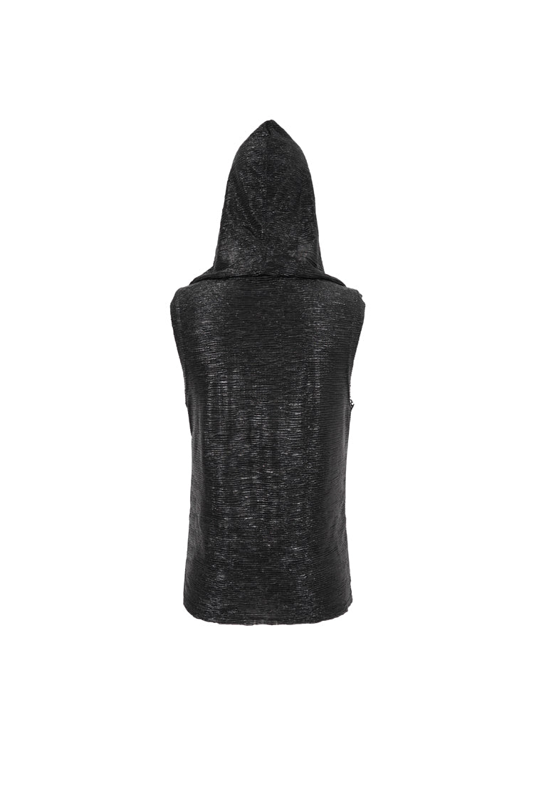 Black Strappy Mesh Splice Men's Punk Vest With Hood