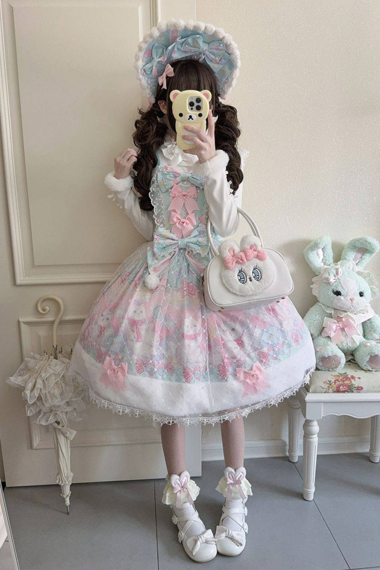 Green/Pink [Candy Mary Cat] Printed Ruffled Embroidered Bow Lace Sweet Lolita Jsk Dress