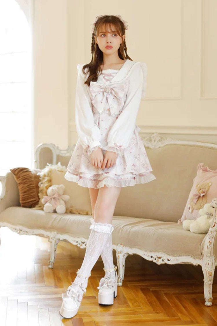 [Sewing Bear] Long Sleeves Print Bowknot Lace Sweet Jirai Kei Plus Size Dress 3 Colors