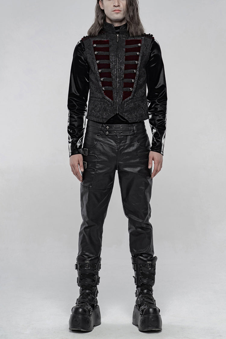 Black Jacquard Velvet Splice Weft Stand Up Collar Front Chest Breasted Decoration Men's Gothic Vest