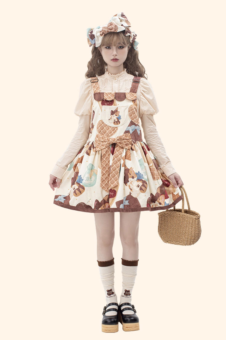 Multi-Color Sleeveless Muffin Kitten Print Bowknot Sweet Lolita Strap Dress