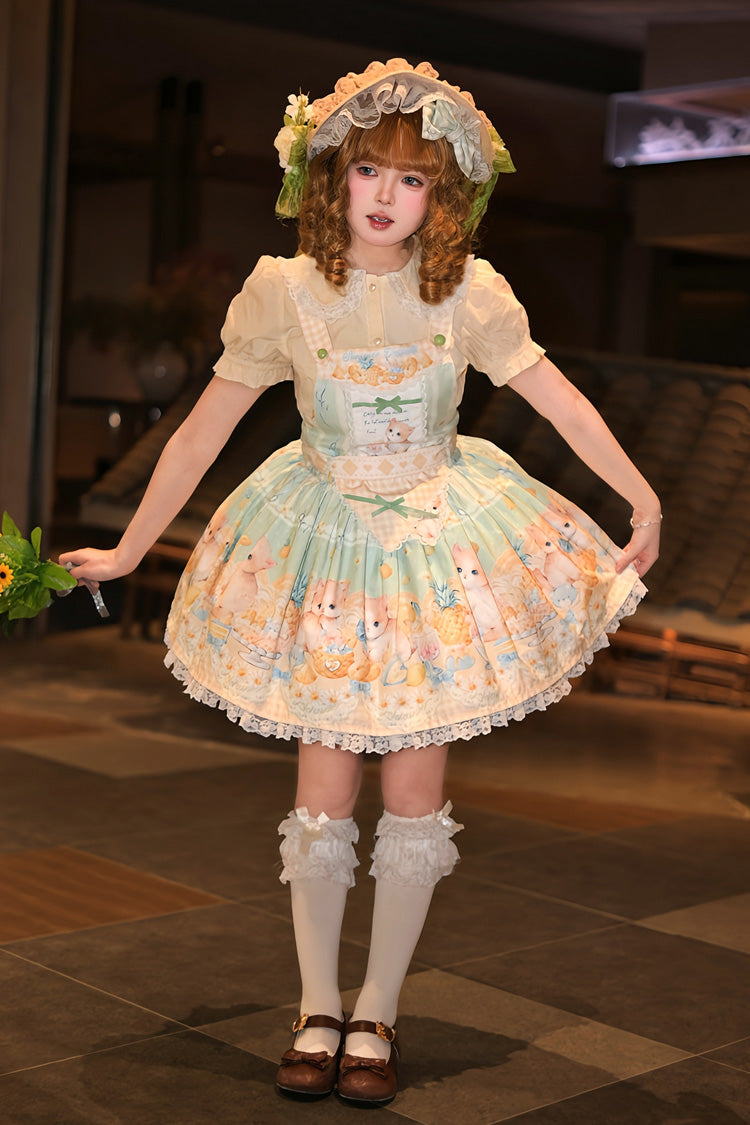 Green [Pineapple Cat] Print Sleeveless Bowknot Lace Sweet Lolita Strap Dress